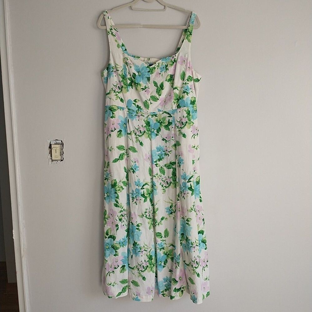 Old Navy Maxi Dress XL Floral Linen Blend Smocked Sleeveless Pocket Fit Flare